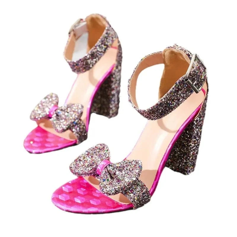 Wholesale New Sandalias 10CM Sequined Bow High heel Thick Heel Sandals Luxury Women Shoes Lace Up Heels for Women