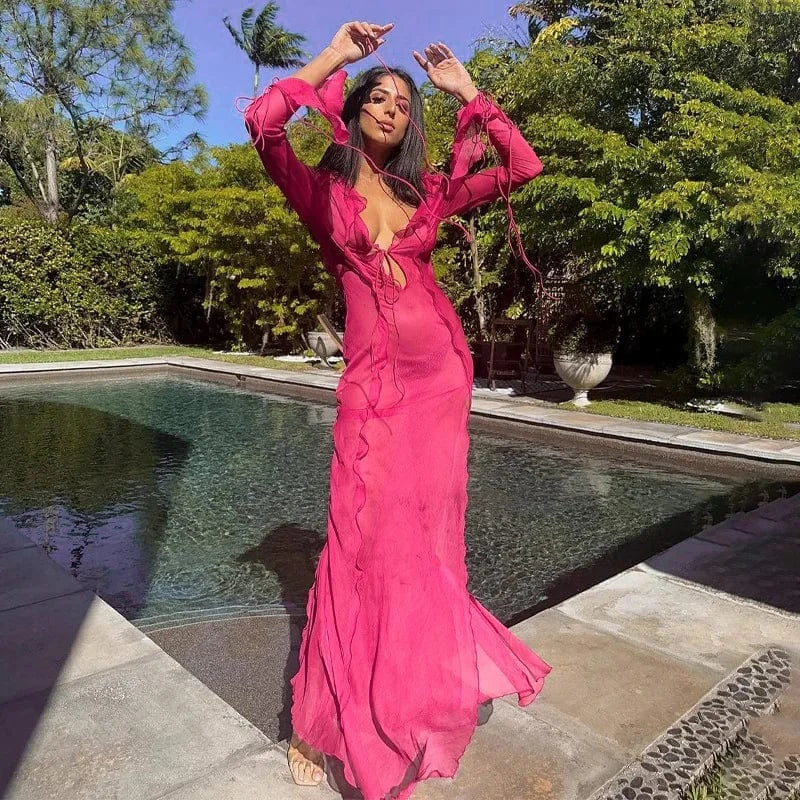 Wholesale New style Vacation Wear Sexy Sun Cover Up Summer Beach ladies Mature Slit V-Neck Long maxi Chiffon Dress for women