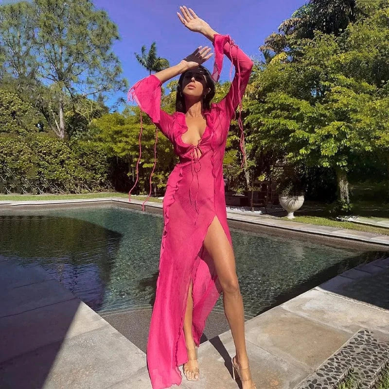 Wholesale New style Vacation Wear Sexy Sun Cover Up Summer Beach ladies Mature Slit V-Neck Long maxi Chiffon Dress for women