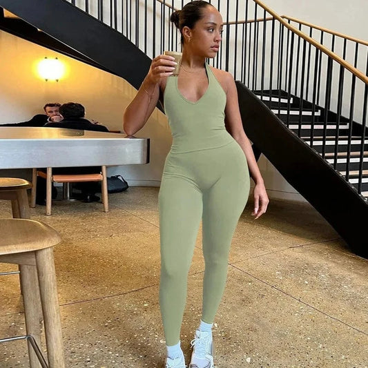 Wholesale one piece backless gym fitness sports v neck bodysuit jumpsuits playsuits