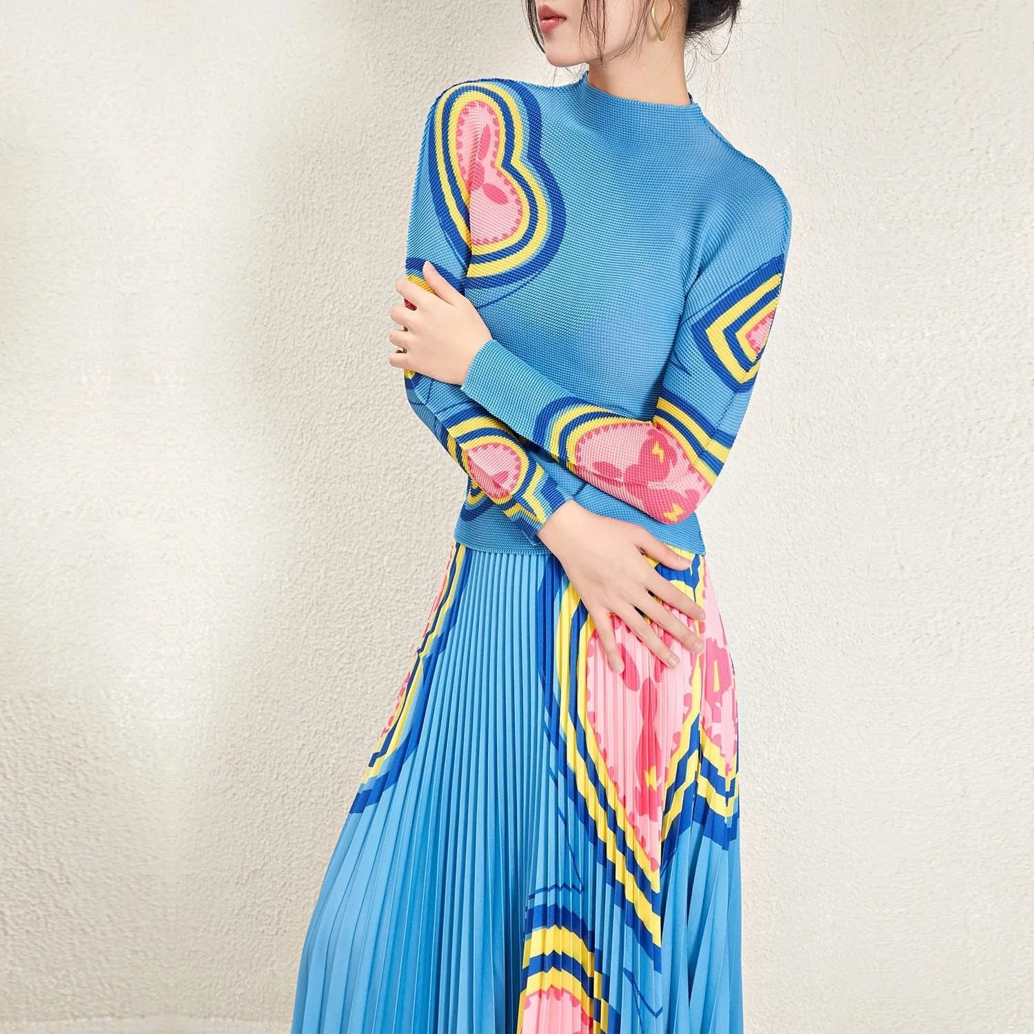 Wholesale Pleated Skirt Set 2024 Latest Accept Custom Printed Long Sleeve Top Printed Long Pleated Skirt Two Piece Set