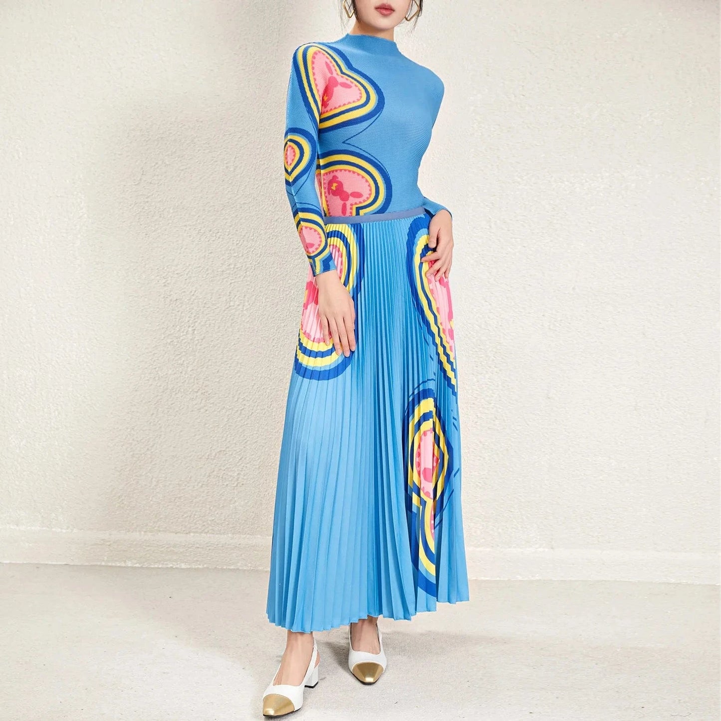 Wholesale Pleated Skirt Set 2024 Latest Accept Custom Printed Long Sleeve Top Printed Long Pleated Skirt Two Piece Set