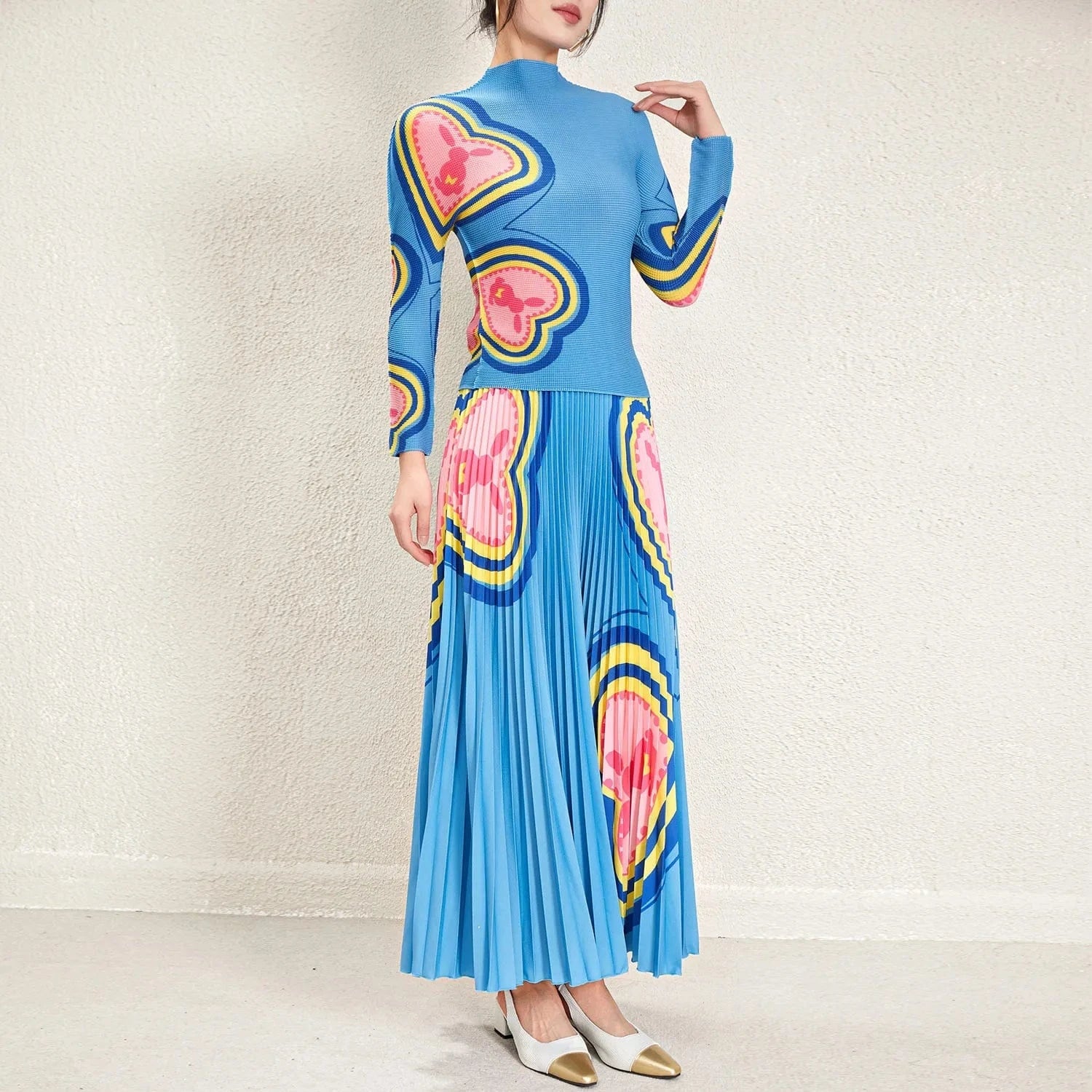 Wholesale Pleated Skirt Set 2024 Latest Accept Custom Printed Long Sleeve Top Printed Long Pleated Skirt Two Piece Set