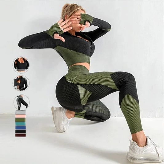 Wholesale Plus Size Gym Clothes Seamless Yoga Suit Workout 3 Piece Exercise Active Wear Long Sleeve Yoga Sets Fitness Women