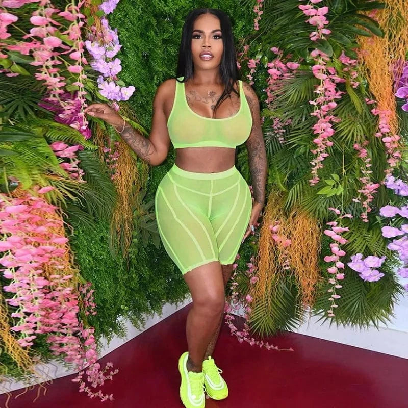 Wholesale Solid Color Daily Casual Outing Wear Mesh See Through Crop Tank Top 2 Piece Workout Set Women 2 Piece Short Set