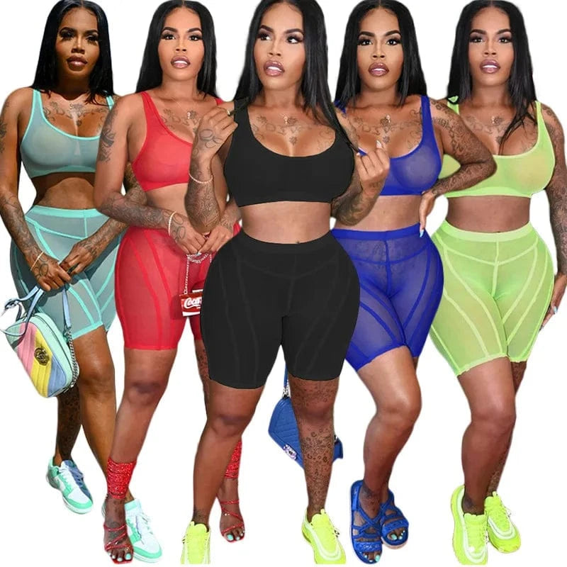 Wholesale Solid Color Daily Casual Outing Wear Mesh See Through Crop Tank Top 2 Piece Workout Set Women 2 Piece Short Set