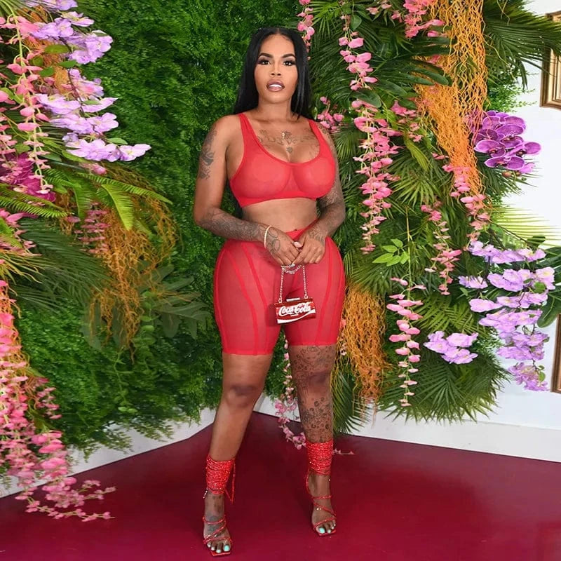 Wholesale Solid Color Daily Casual Outing Wear Mesh See Through Crop Tank Top 2 Piece Workout Set Women 2 Piece Short Set