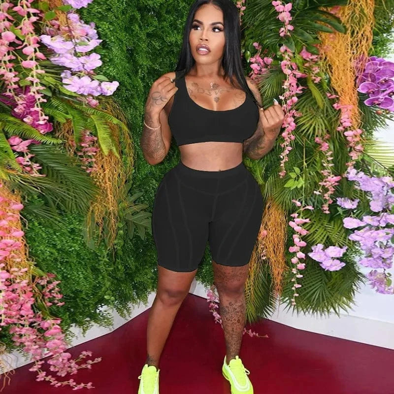Wholesale Solid Color Daily Casual Outing Wear Mesh See Through Crop Tank Top 2 Piece Workout Set Women 2 Piece Short Set