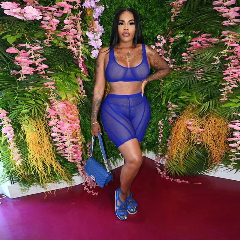 Wholesale Solid Color Daily Casual Outing Wear Mesh See Through Crop Tank Top 2 Piece Workout Set Women 2 Piece Short Set