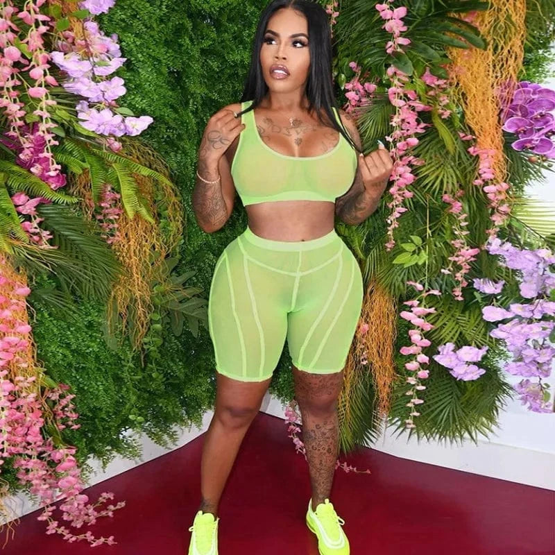 Wholesale Solid Color Daily Casual Outing Wear Mesh See Through Crop Tank Top 2 Piece Workout Set Women 2 Piece Short Set