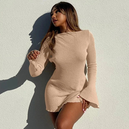Wholesale spring black long sleeve bodycon short dress fashion sexy backless ribbed dresses women
