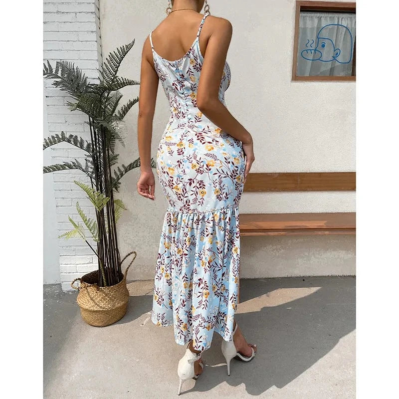 Wholesale summer boho sun dress 2024 ruffle hem slit slip floral long casual dresses women