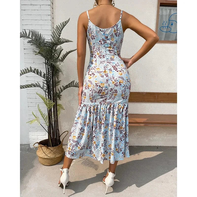 Wholesale summer boho sun dress 2024 ruffle hem slit slip floral long casual dresses women