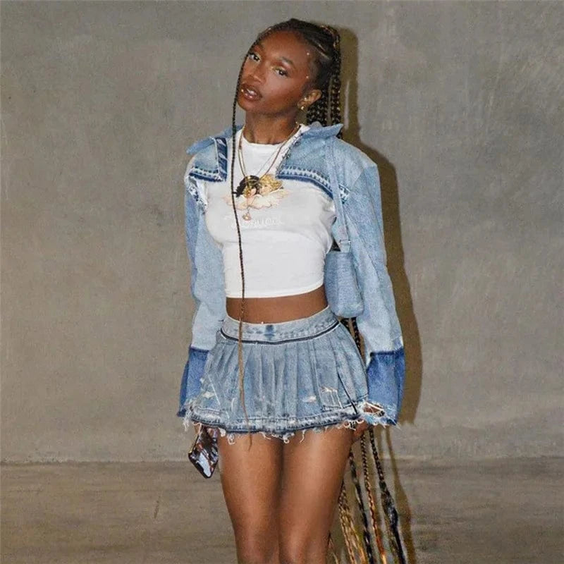 Wholesale summer boutique 2024 fashion girls mini denim jeans pleated women's skirts