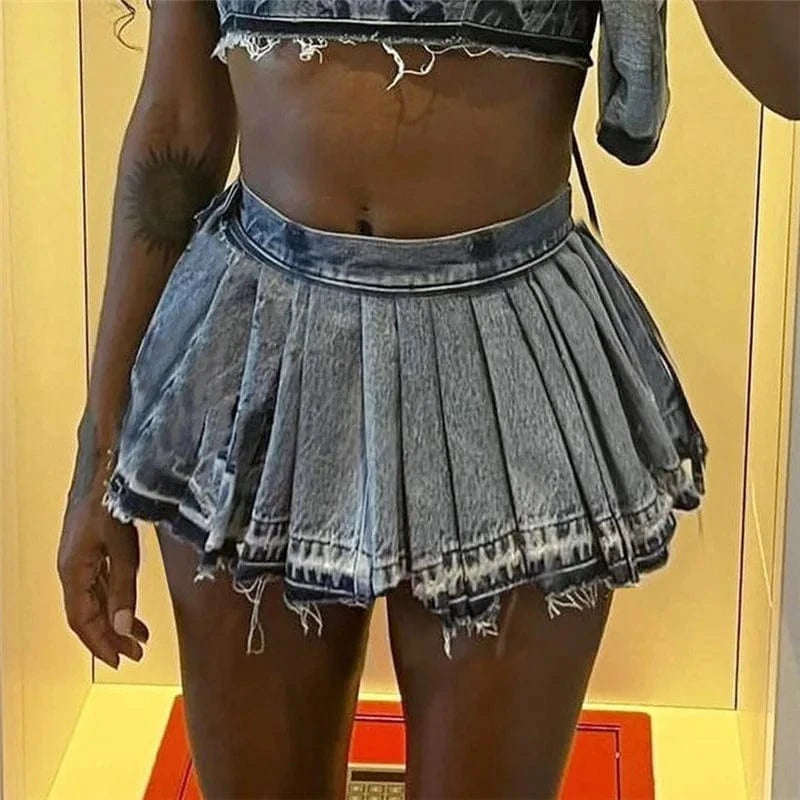 Wholesale summer boutique 2024 fashion girls mini denim jeans pleated women's skirts