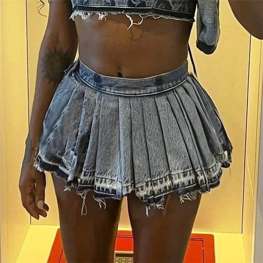 Wholesale summer boutique 2024 fashion girls mini denim jeans pleated women's skirts