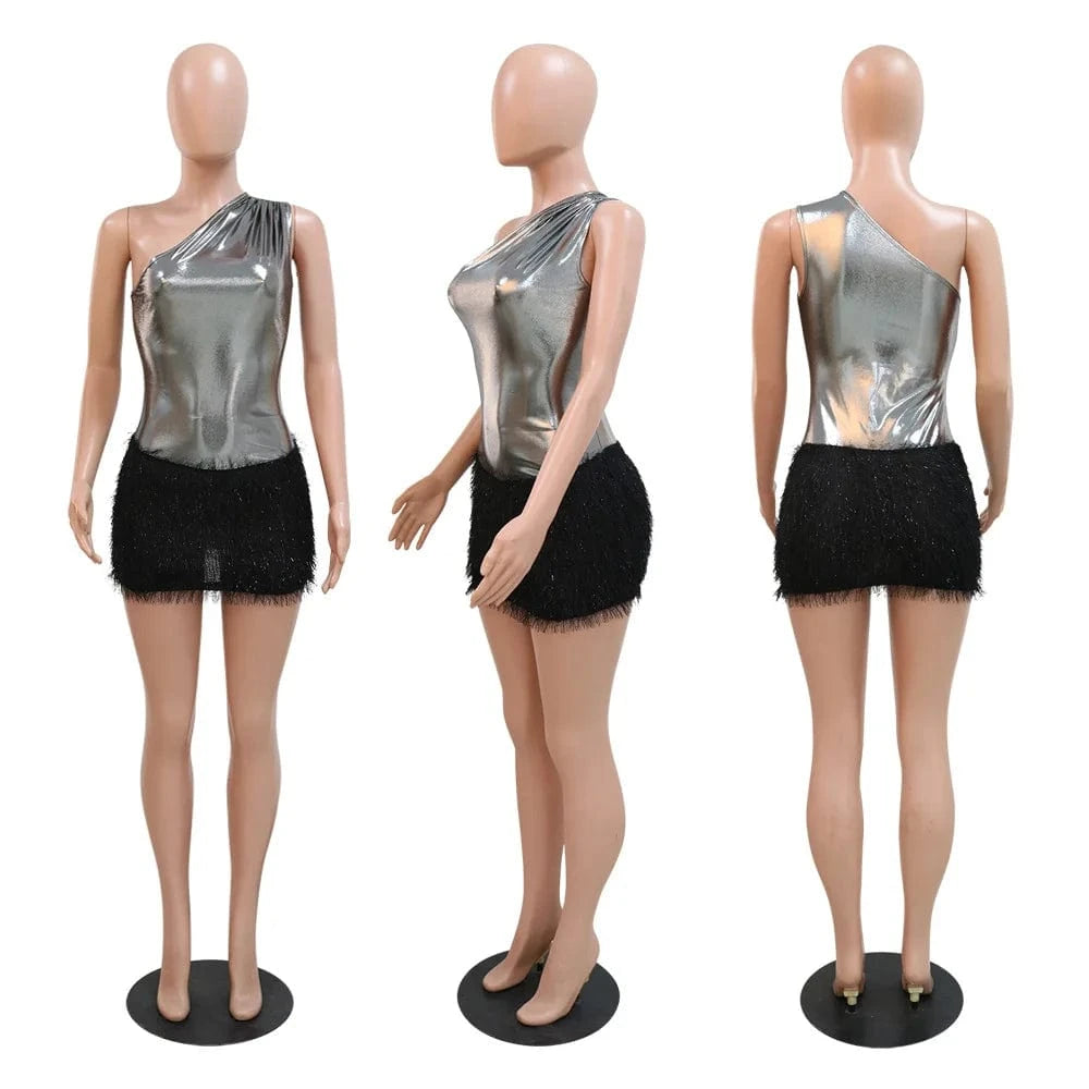 Wholesale summer boutique 2024 one shoulder shiny patchwork hot sexy women's dresses