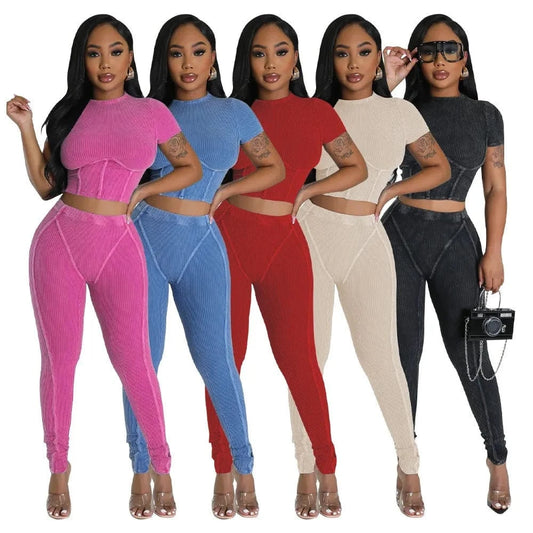Wholesale summer short sleeve crop top 2 piece set casual ribbed fitness two piece pants set women