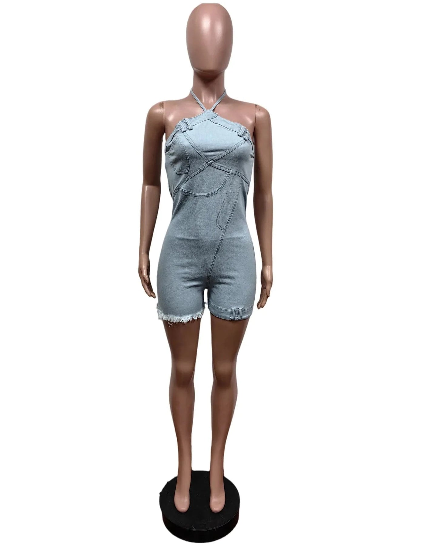 Wholesale summer stretch halter blue jean jumpsuits off the shoulder one piece denim jumpsuit shorts women
