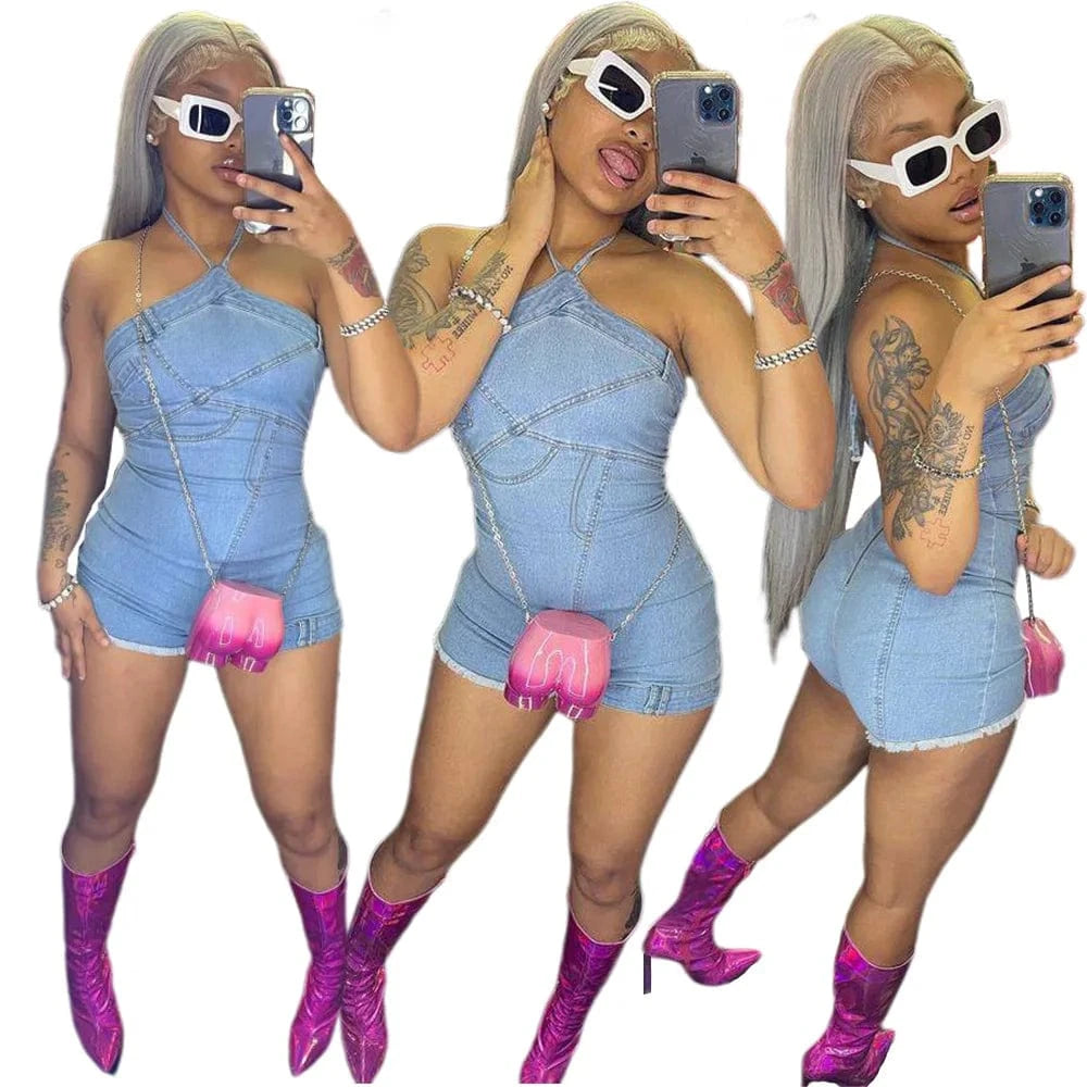 Wholesale summer stretch halter blue jean jumpsuits off the shoulder one piece denim jumpsuit shorts women