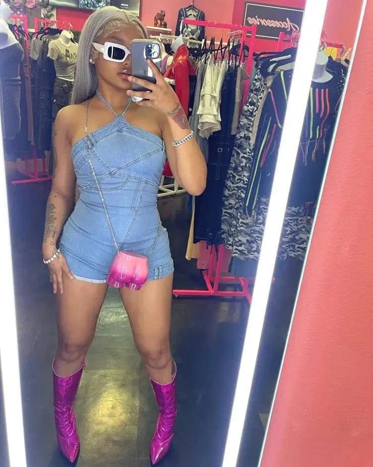 Wholesale summer stretch halter blue jean jumpsuits off the shoulder one piece denim jumpsuit shorts women