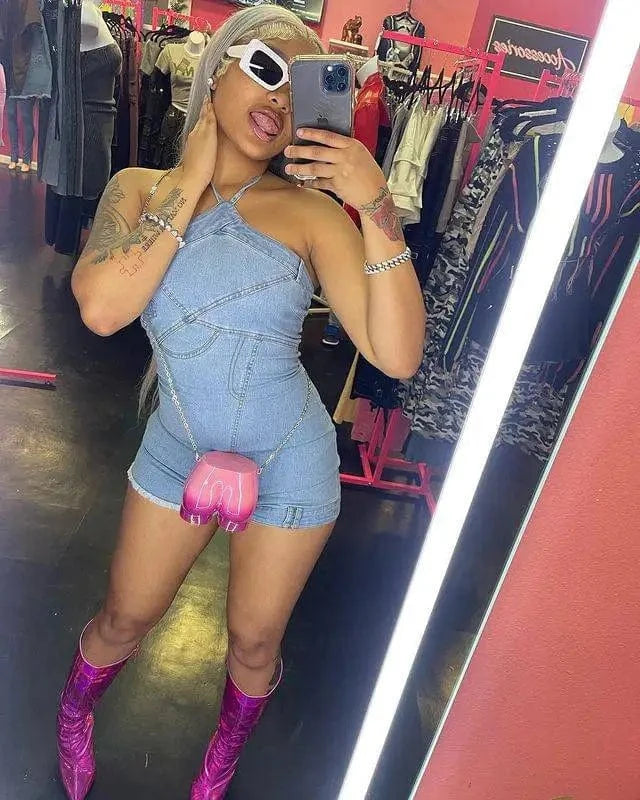Wholesale summer stretch halter blue jean jumpsuits off the shoulder one piece denim jumpsuit shorts women
