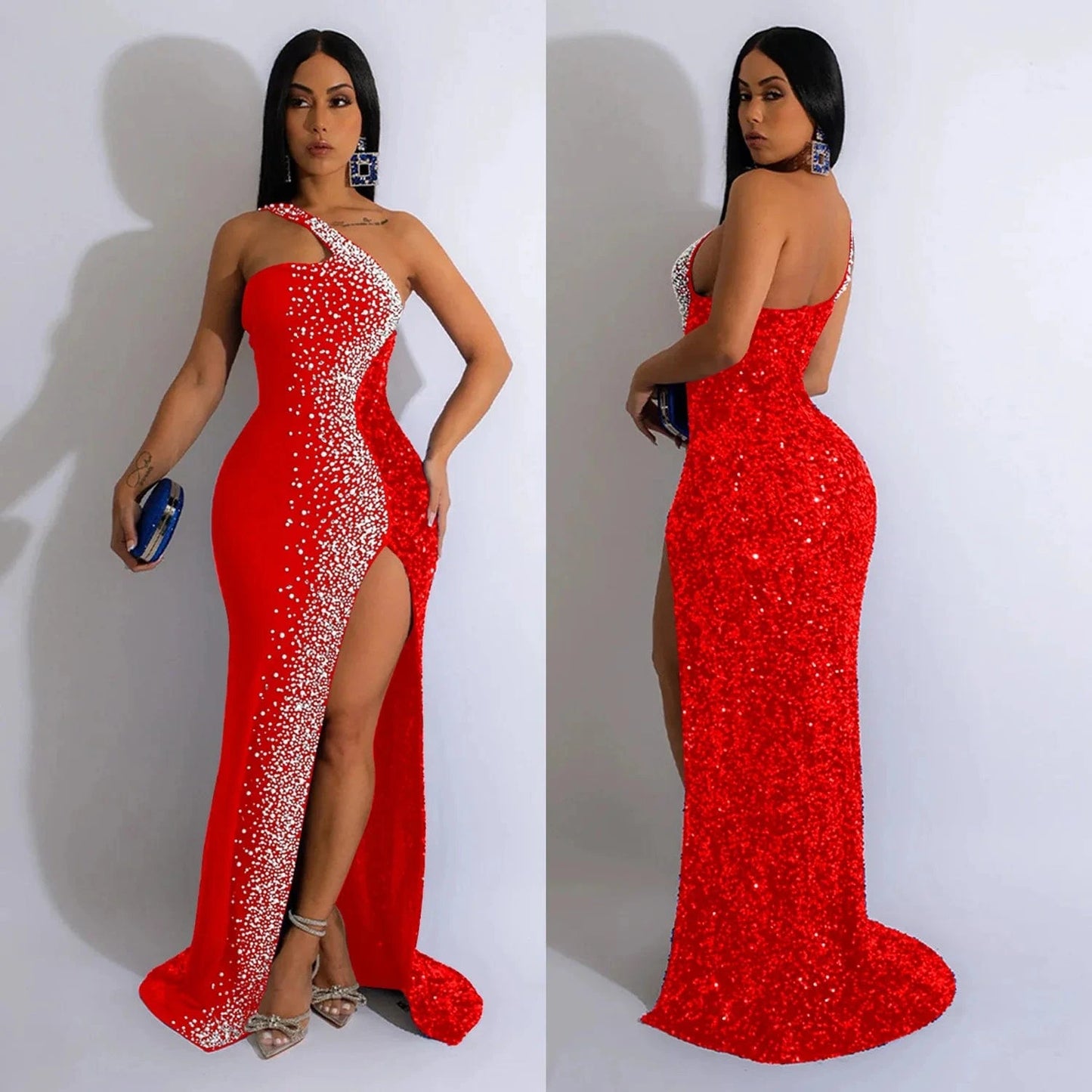 Wholesale wedding summer High Quality Party Sexy One side Shoulder prom cut out Sequin Slit Evening maxi Dresses For Women