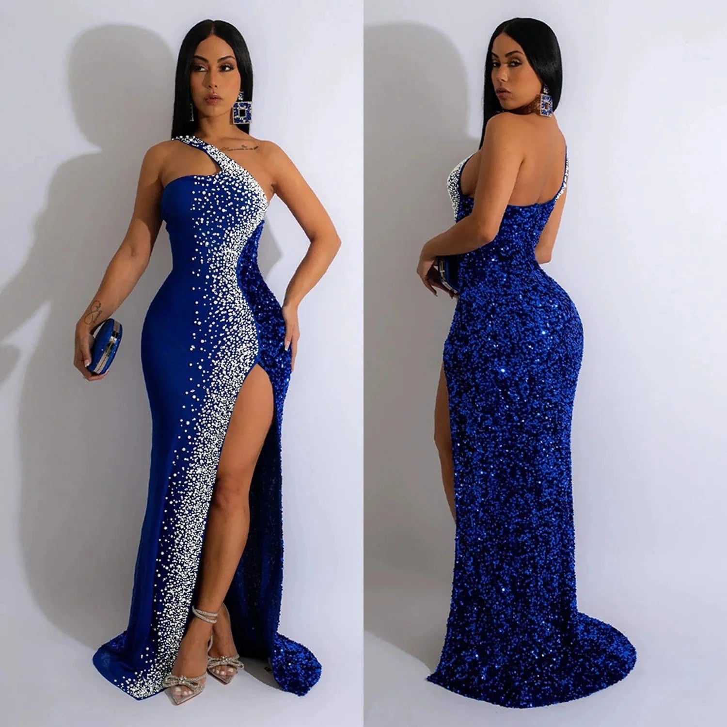 Wholesale wedding summer High Quality Party Sexy One side Shoulder prom cut out Sequin Slit Evening maxi Dresses For Women