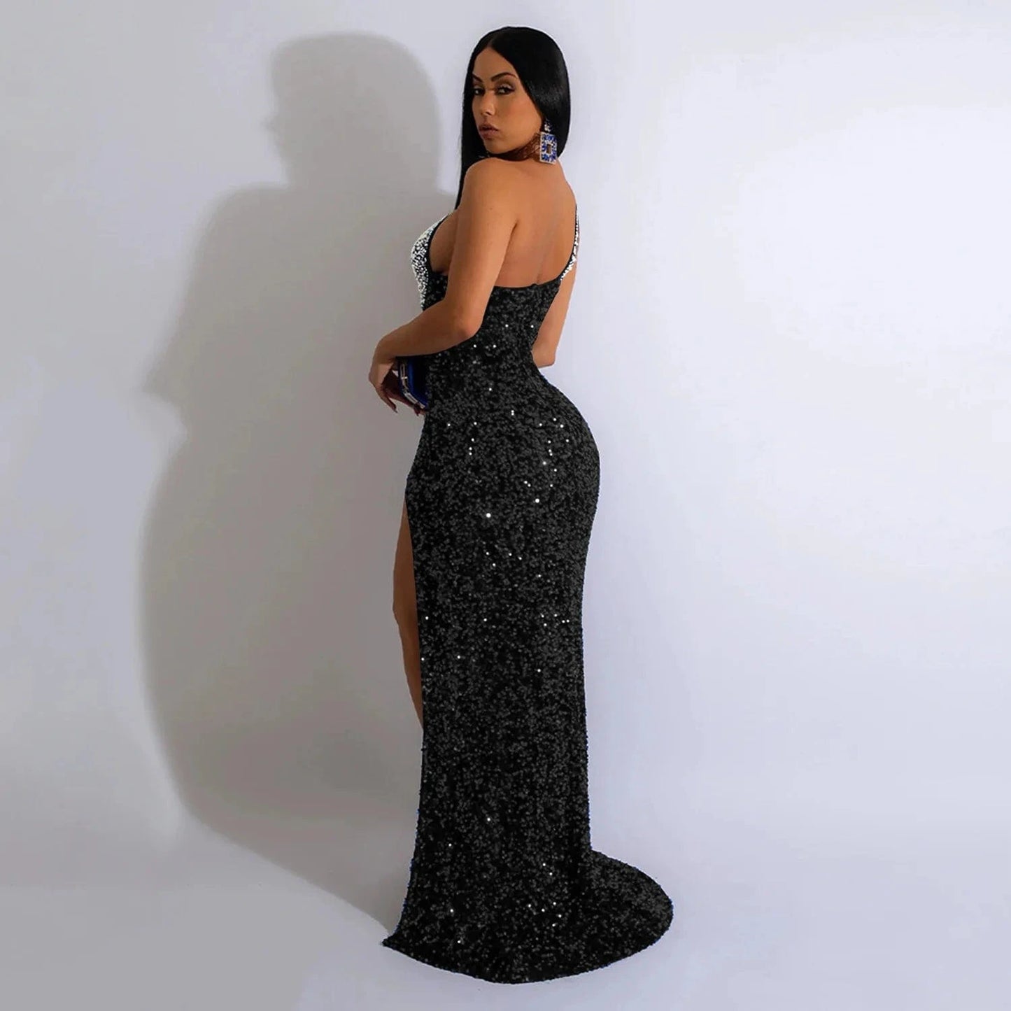 Wholesale wedding summer High Quality Party Sexy One side Shoulder prom cut out Sequin Slit Evening maxi Dresses For Women