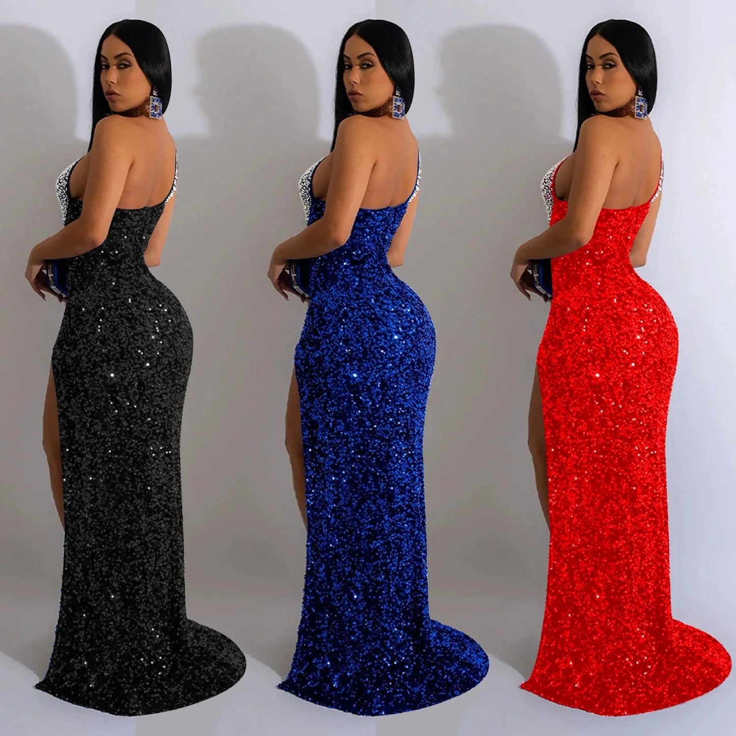 Wholesale wedding summer High Quality Party Sexy One side Shoulder prom cut out Sequin Slit Evening maxi Dresses For Women