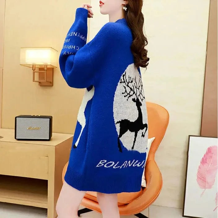 Wholesale winter new arrival fashion lady crew neck long sleeve oversized reindeer print unisex man and women christmas sweater
