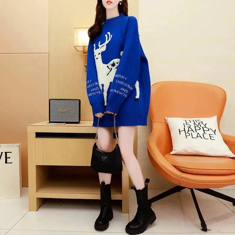 Wholesale winter new arrival fashion lady crew neck long sleeve oversized reindeer print unisex man and women christmas sweater