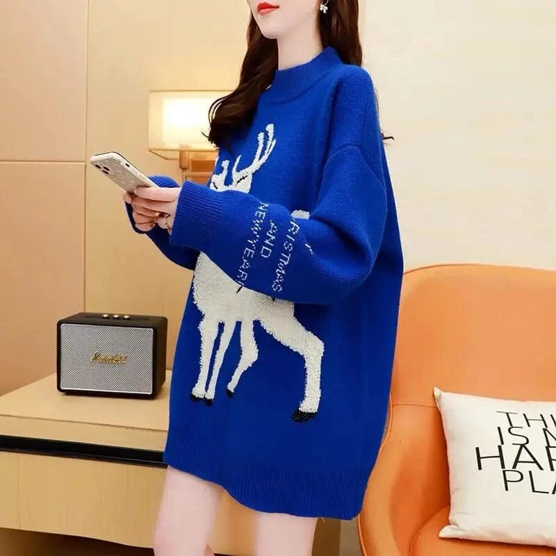 Wholesale winter new arrival fashion lady crew neck long sleeve oversized reindeer print unisex man and women christmas sweater