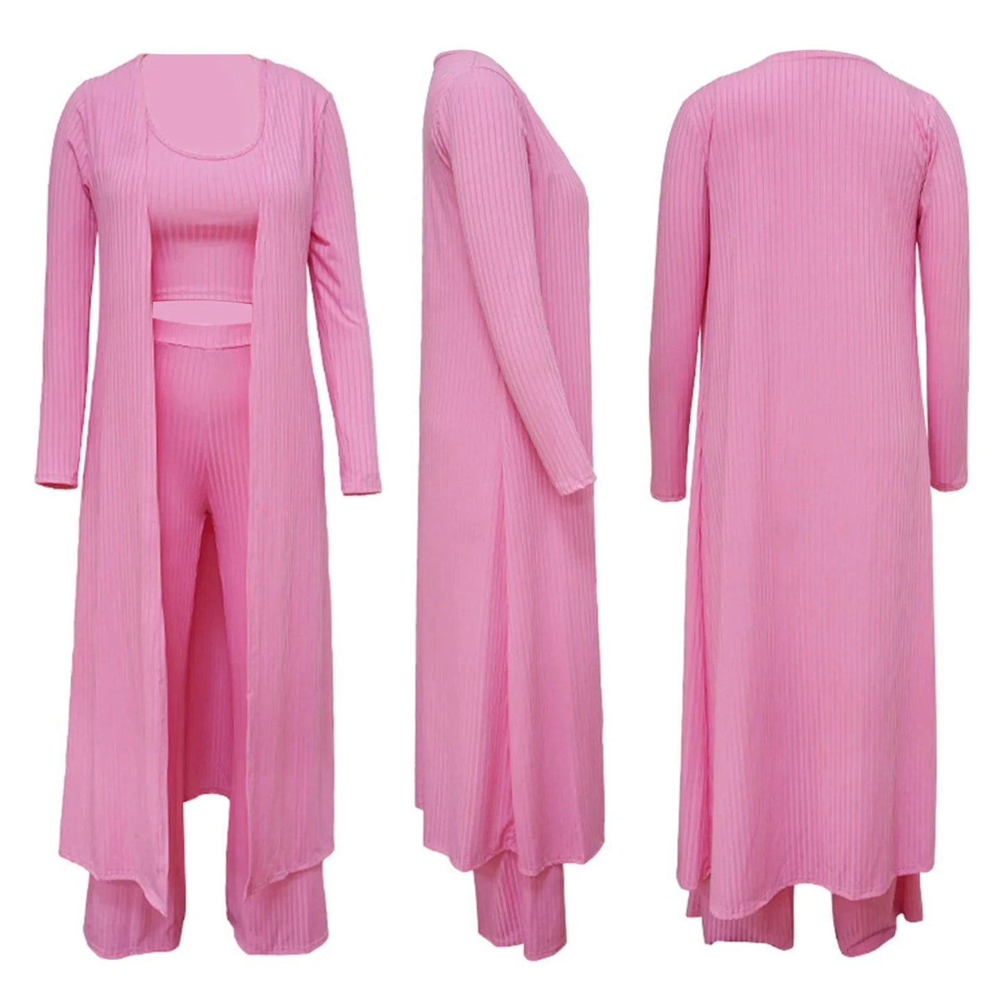 Wholesale Women 3 Piece Set Knit Sexy Long Sleeve Cardigan High Elastic Cloak Long Pants Crop Top Vest Night Club Casual  Suits