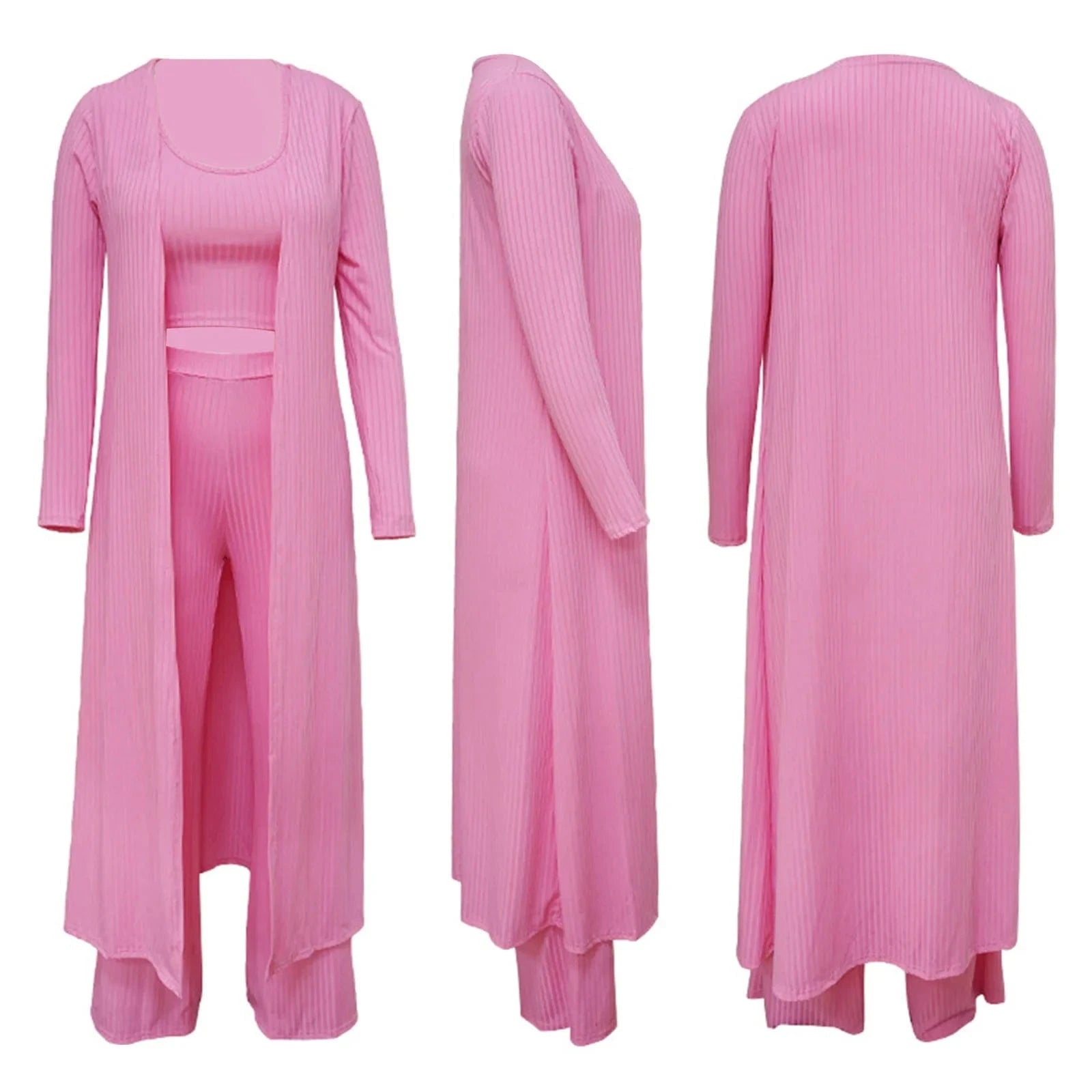 Wholesale Women 3 Piece Set Knit Sexy Long Sleeve Cardigan High Elastic Cloak Long Pants Crop Top Vest Night Club Casual  Suits