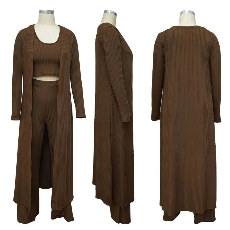 Wholesale Women 3 Piece Set Knit Sexy Long Sleeve Cardigan High Elastic Cloak Long Pants Crop Top Vest Night Club Casual  Suits