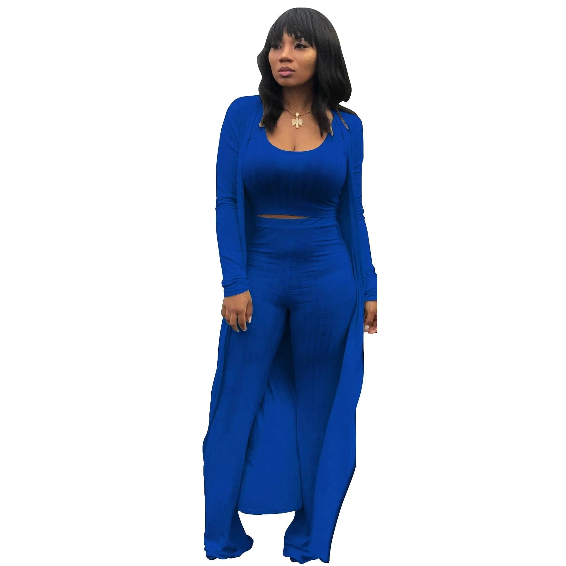Wholesale Women 3 Piece Set Knit Sexy Long Sleeve Cardigan High Elastic Cloak Long Pants Crop Top Vest Night Club Casual  Suits