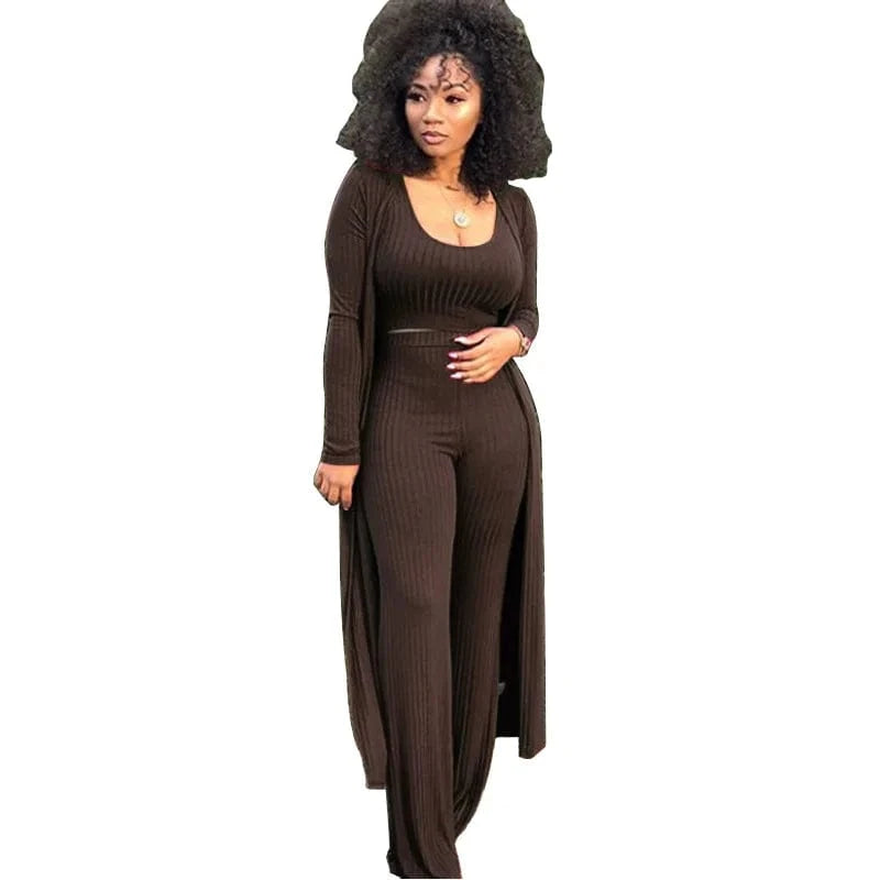 Wholesale Women 3 Piece Set Knit Sexy Long Sleeve Cardigan High Elastic Cloak Long Pants Crop Top Vest Night Club Casual  Suits