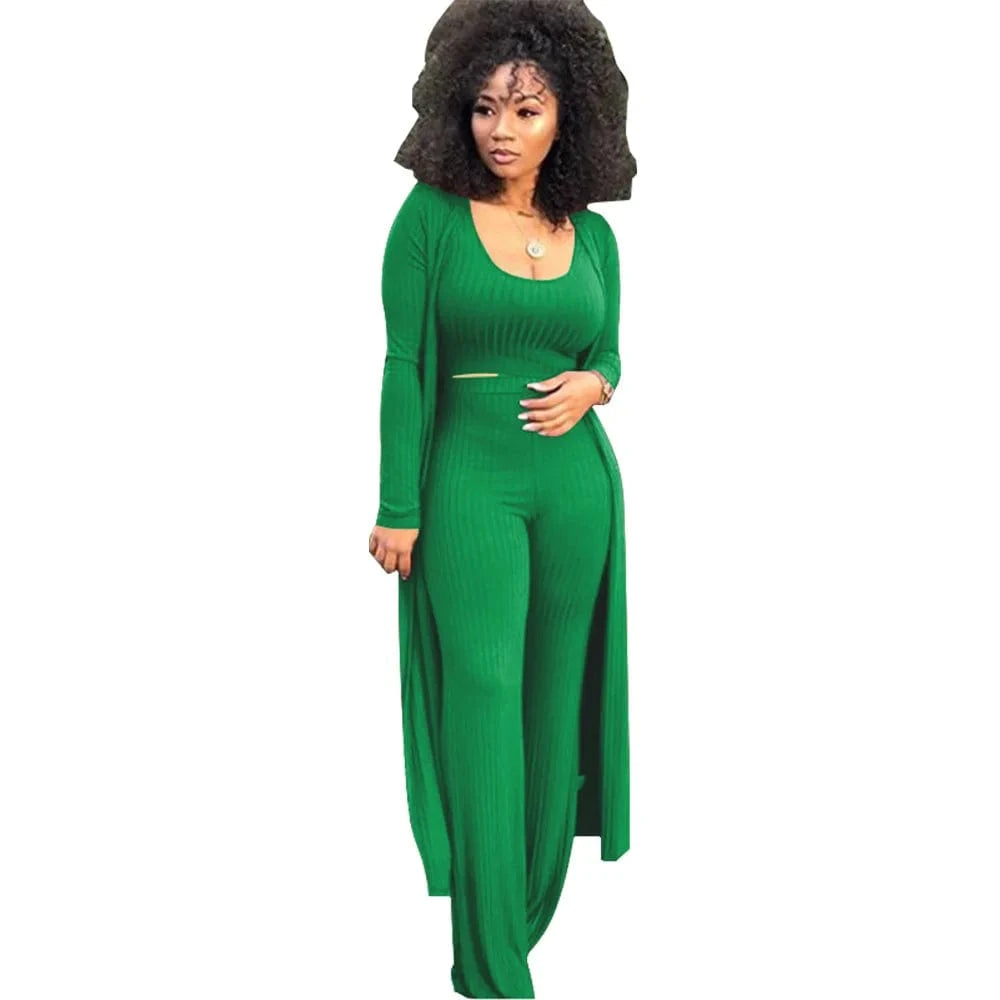 Wholesale Women 3 Piece Set Knit Sexy Long Sleeve Cardigan High Elastic Cloak Long Pants Crop Top Vest Night Club Casual  Suits