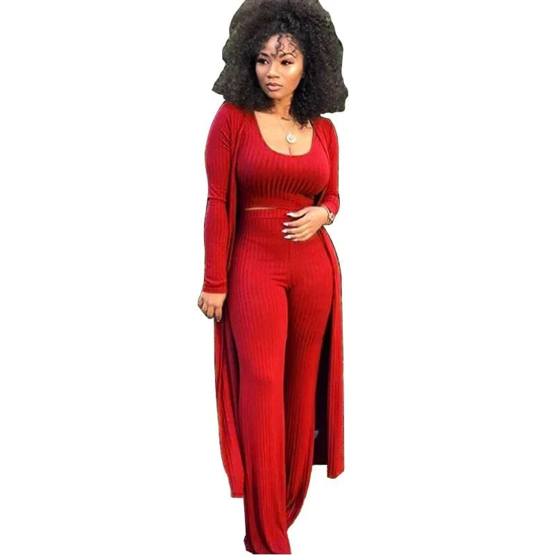 Wholesale Women 3 Piece Set Knit Sexy Long Sleeve Cardigan High Elastic Cloak Long Pants Crop Top Vest Night Club Casual  Suits