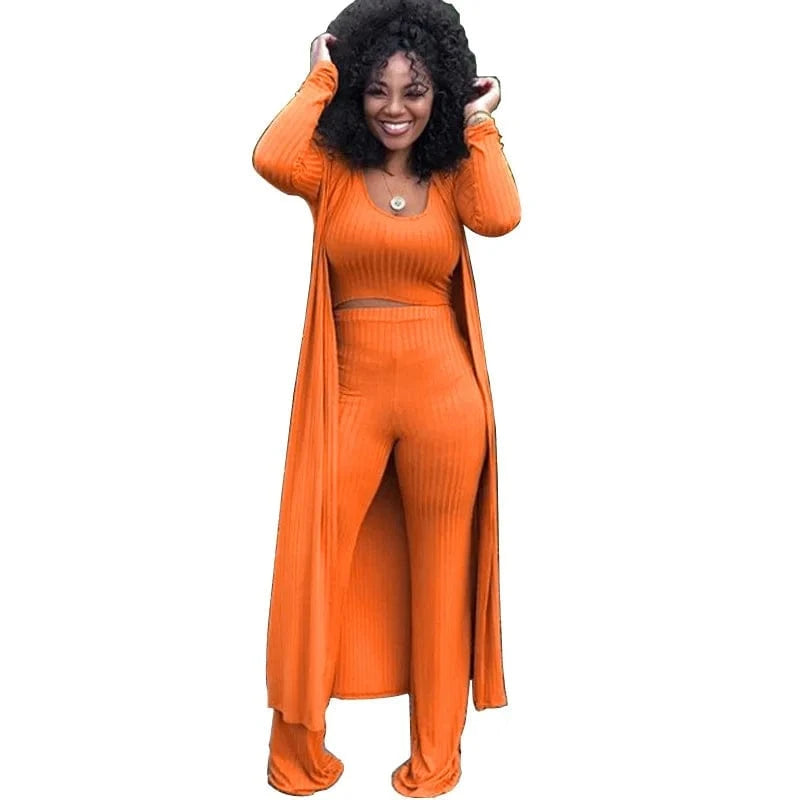 Wholesale Women 3 Piece Set Knit Sexy Long Sleeve Cardigan High Elastic Cloak Long Pants Crop Top Vest Night Club Casual  Suits