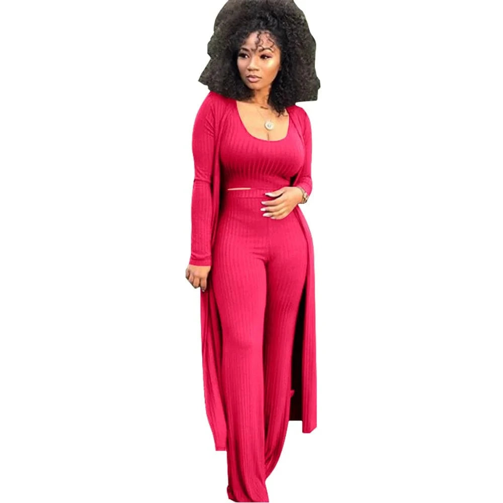 Wholesale Women 3 Piece Set Knit Sexy Long Sleeve Cardigan High Elastic Cloak Long Pants Crop Top Vest Night Club Casual  Suits