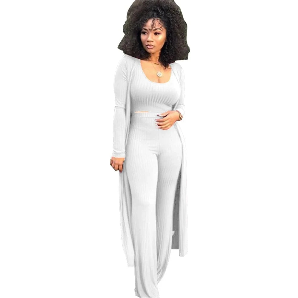 Wholesale Women 3 Piece Set Knit Sexy Long Sleeve Cardigan High Elastic Cloak Long Pants Crop Top Vest Night Club Casual  Suits