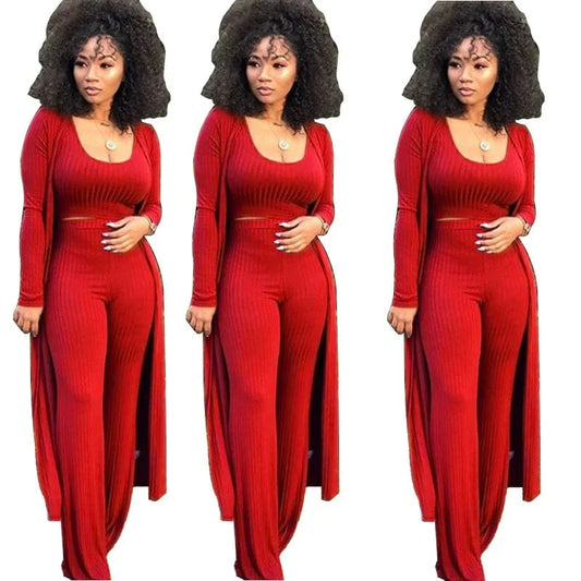 Wholesale Women 3 Piece Set Knit Sexy Long Sleeve Cardigan High Elastic Cloak Long Pants Crop Top Vest Night Club Casual  Suits
