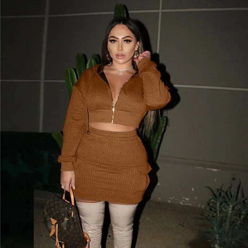 Wholesale Women Autumn Winter Drawstring Hoodie Dress Long Sleeve Trendy Pull Over Bodycon Women Sets Two Piece Skirt Fall