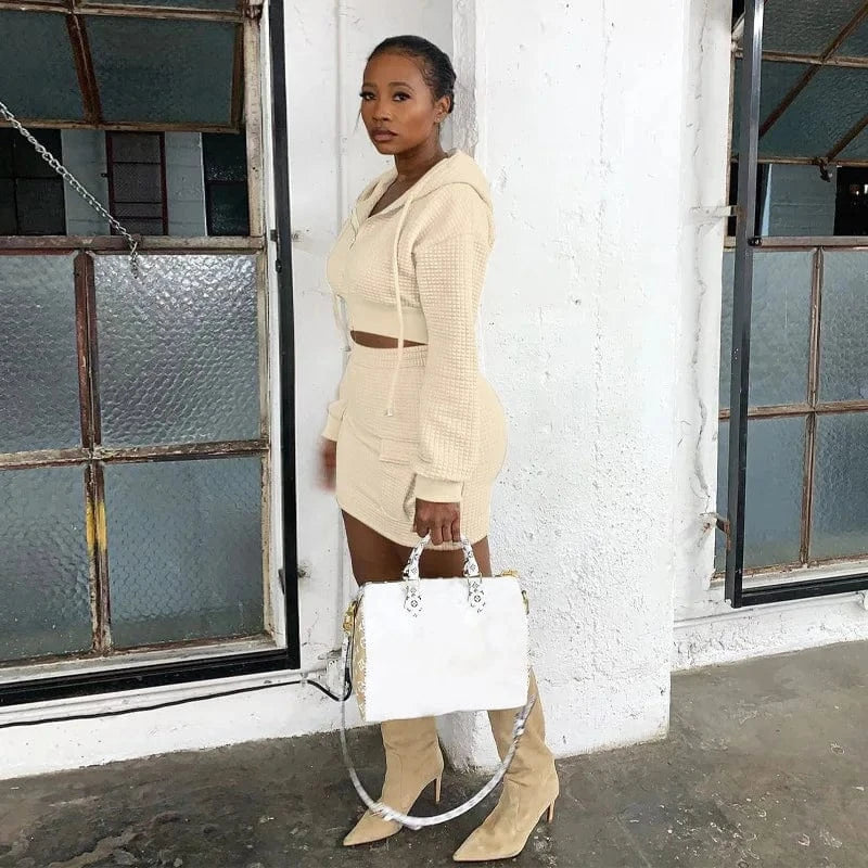 Wholesale Women Autumn Winter Drawstring Hoodie Dress Long Sleeve Trendy Pull Over Bodycon Women Sets Two Piece Skirt Fall