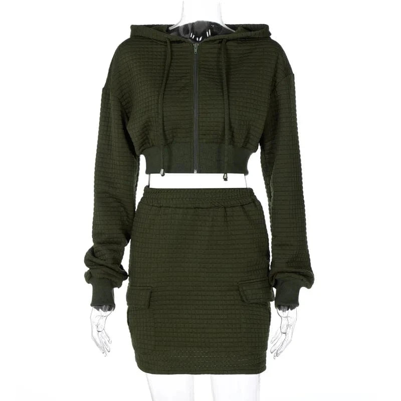 Wholesale Women Autumn Winter Drawstring Hoodie Dress Long Sleeve Trendy Pull Over Bodycon Women Sets Two Piece Skirt Fall