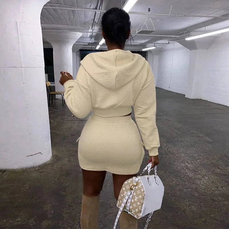 Wholesale Women Autumn Winter Drawstring Hoodie Dress Long Sleeve Trendy Pull Over Bodycon Women Sets Two Piece Skirt Fall