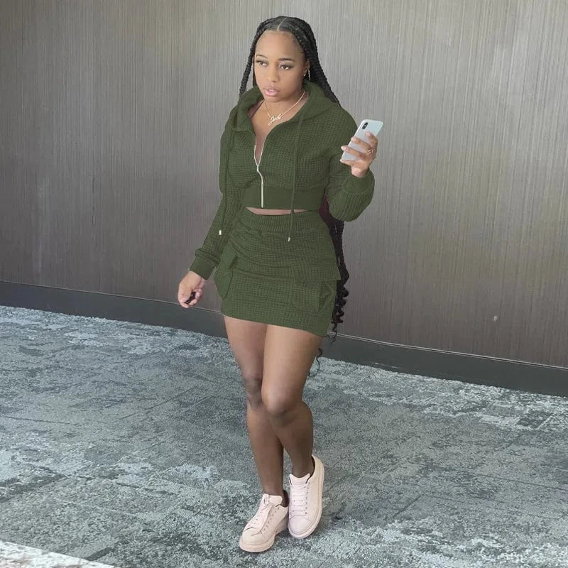 Wholesale Women Autumn Winter Drawstring Hoodie Dress Long Sleeve Trendy Pull Over Bodycon Women Sets Two Piece Skirt Fall