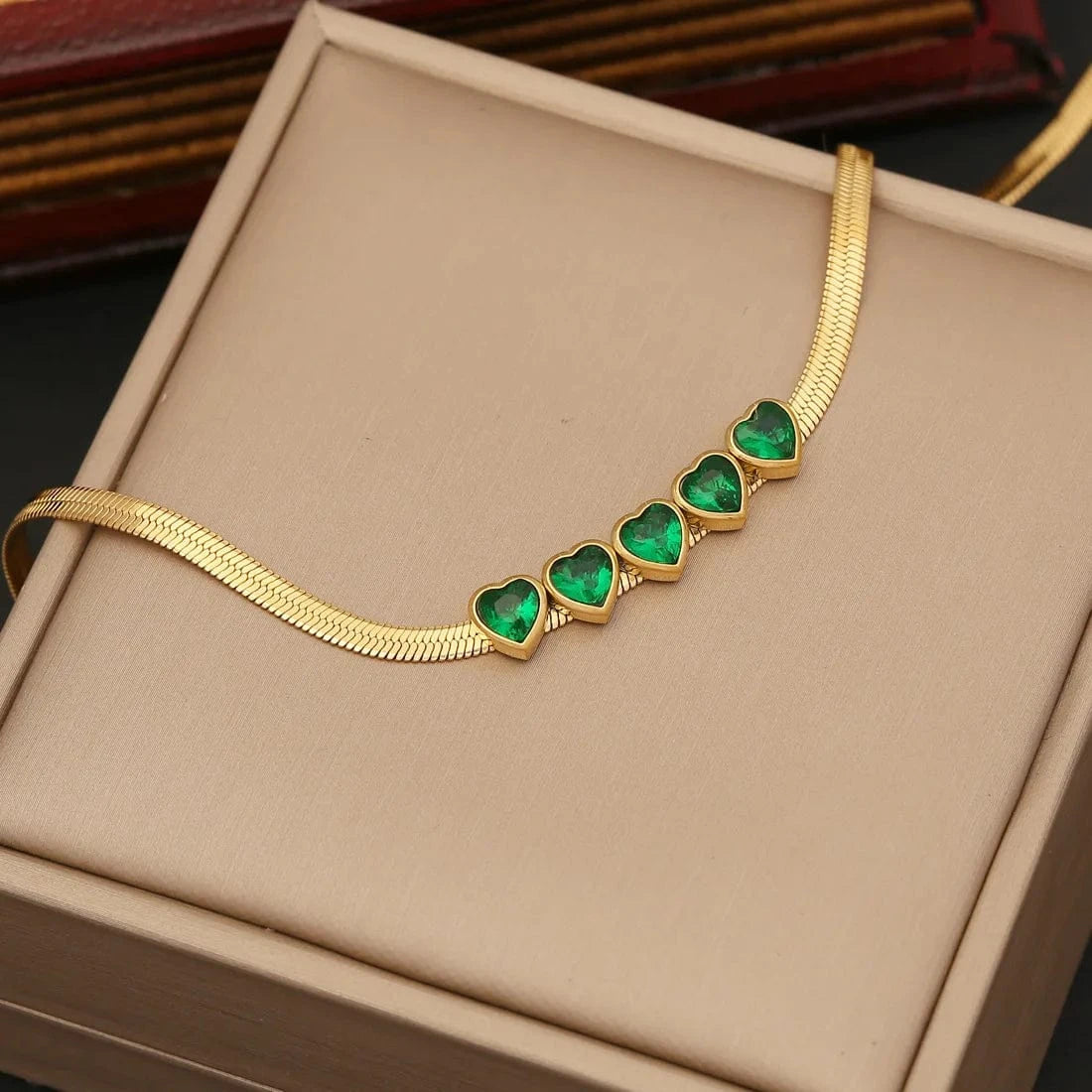 Wholesale Women Emerald Zircon Heart Four Leaf Clover Necklace Bracelet Earrings New 18k Gold Plated Stainless Steel Jewelry Set